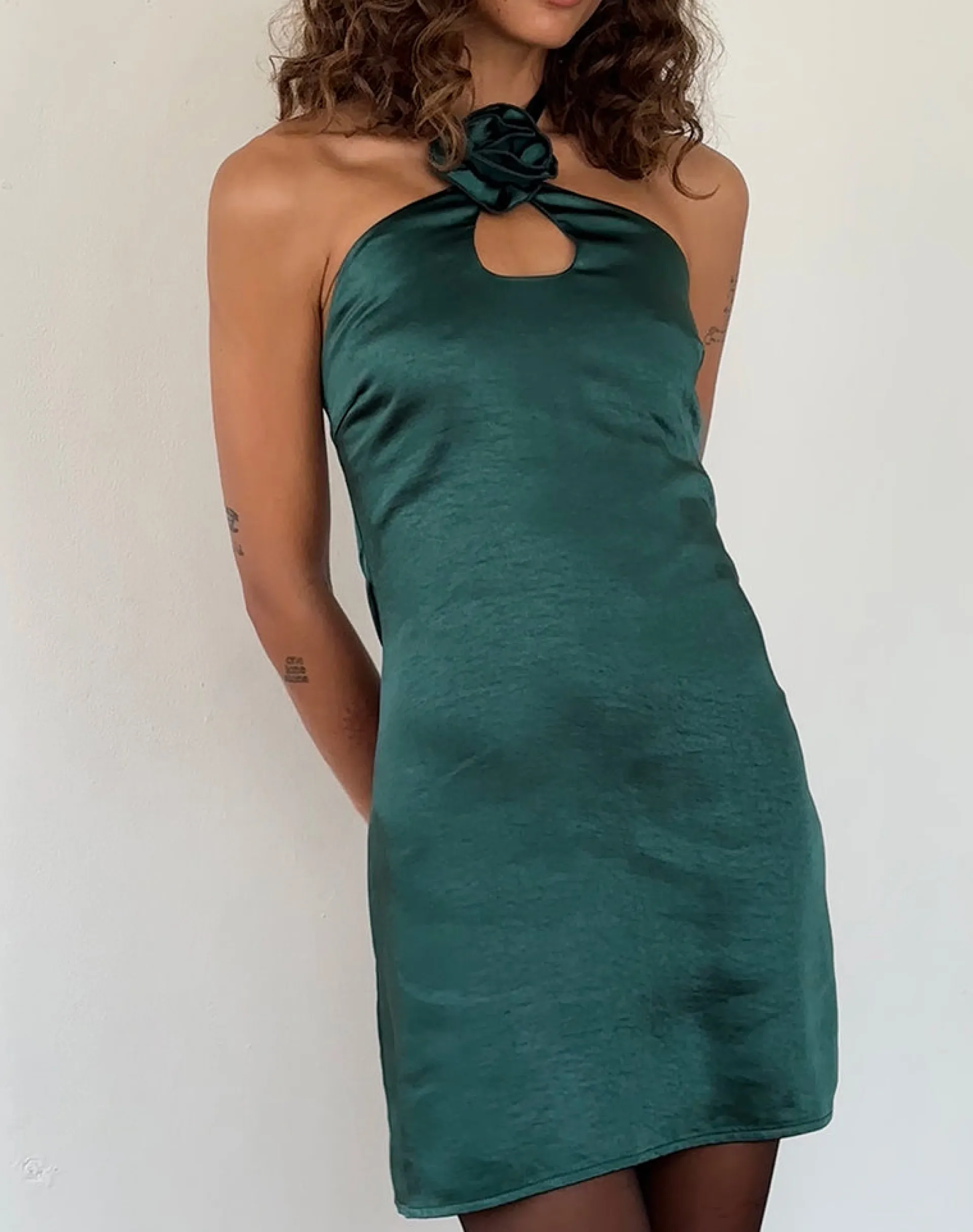Motel Rocks Bodycon Dresses | Party Dresses-Isolda Satin Halterneck Mini Dress in Forest Green with Rosette ForestGreenwithRosette