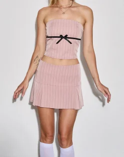 Motel Rocks Pleated Skirts | Mini Skirts-Istaka Mini Pleated Skirt in Tailoring Blush Pinstripe TailoringBlushPinstripe