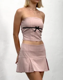 Motel Rocks Pleated Skirts | Mini Skirts-Istaka Mini Pleated Skirt in Tailoring Blush Pinstripe TailoringBlushPinstripe