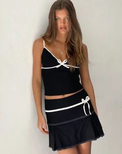 Motel Rocks A Line Skirts | Mini Skirts-Istari Bow Detail Mini Skirt in with White Binding black