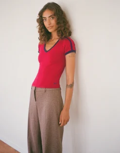 Motel Rocks Basics | Basic Tops-Izolde Baby Tee in Adrenalin Red with Navy Binding and M Embroidery AdrenalinRedwithNavyBindingandMEmbroidery