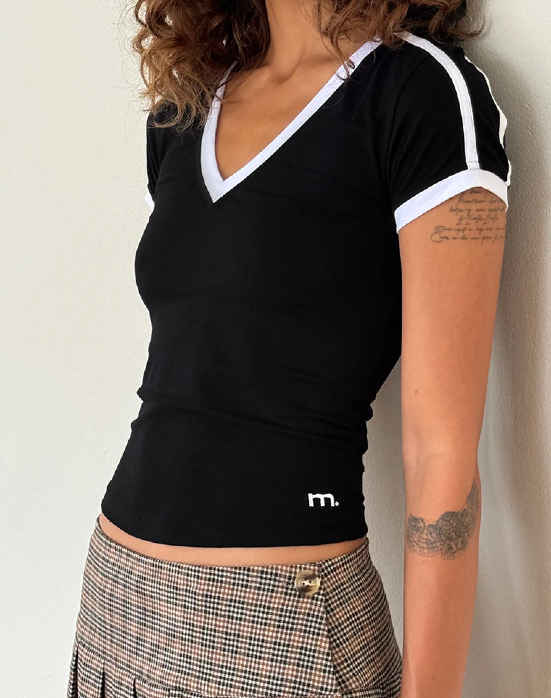 Motel Rocks Basics | Basic Tops-Izolde Baby Tee in Black with White Binding and M Embroidery BlackwithWhiteBindingandMEmbroidery