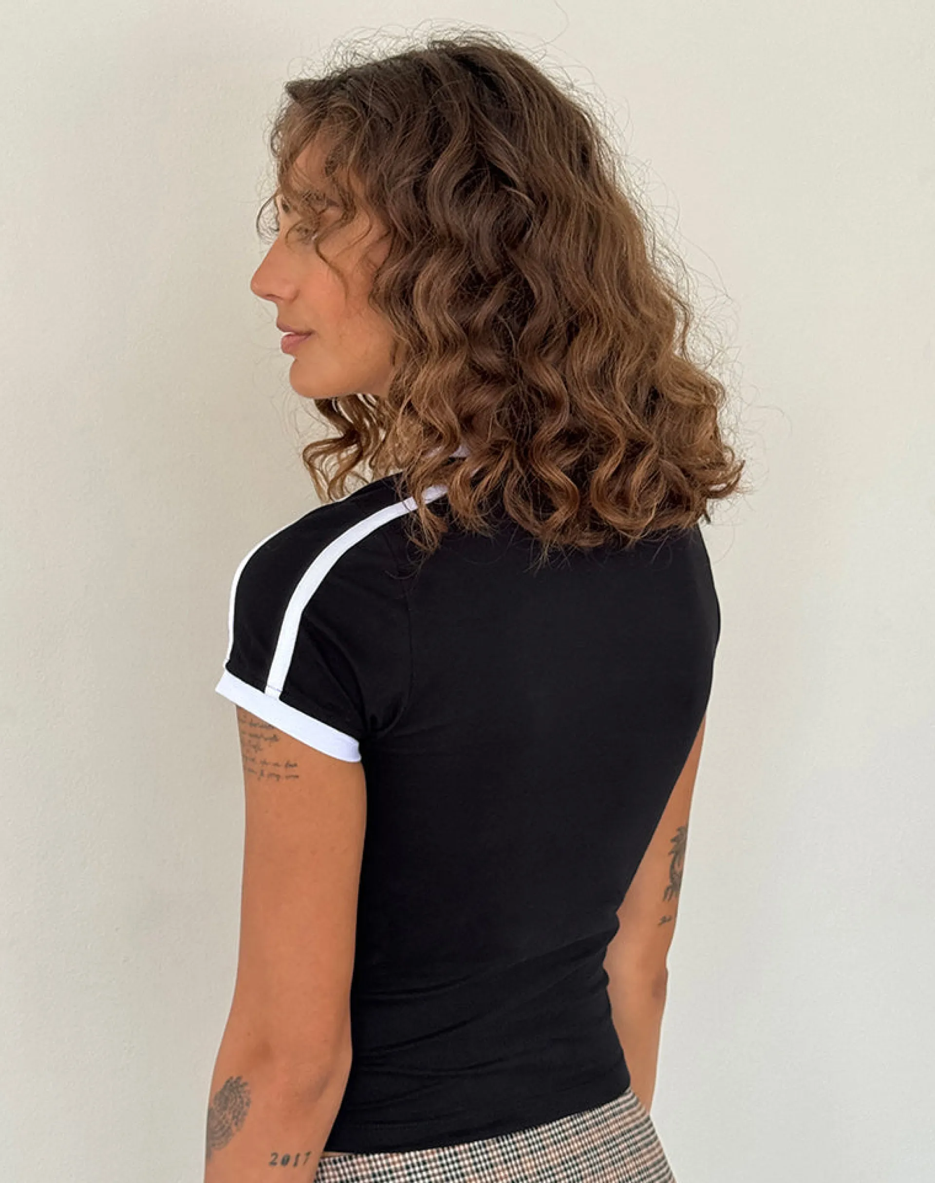 Motel Rocks Basics | Basic Tops-Izolde Baby Tee in Black with White Binding and M Embroidery BlackwithWhiteBindingandMEmbroidery