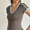 Motel Rocks Basics | Basic Tops-Izolde Baby Tee in Cloudburst with Nantucket Blue Binding and M Embroidery CloudburstwithNantucketBlueBindingandMEmbroidery