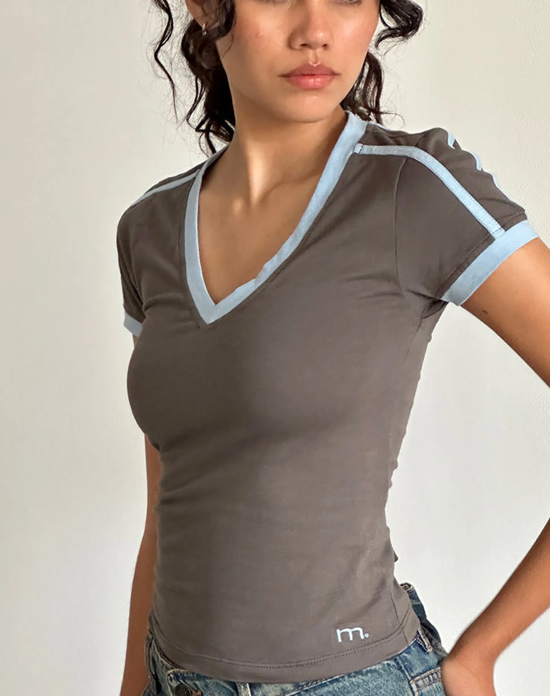 Motel Rocks Basics | Basic Tops-Izolde Baby Tee in Cloudburst with Nantucket Blue Binding and M Embroidery CloudburstwithNantucketBlueBindingandMEmbroidery