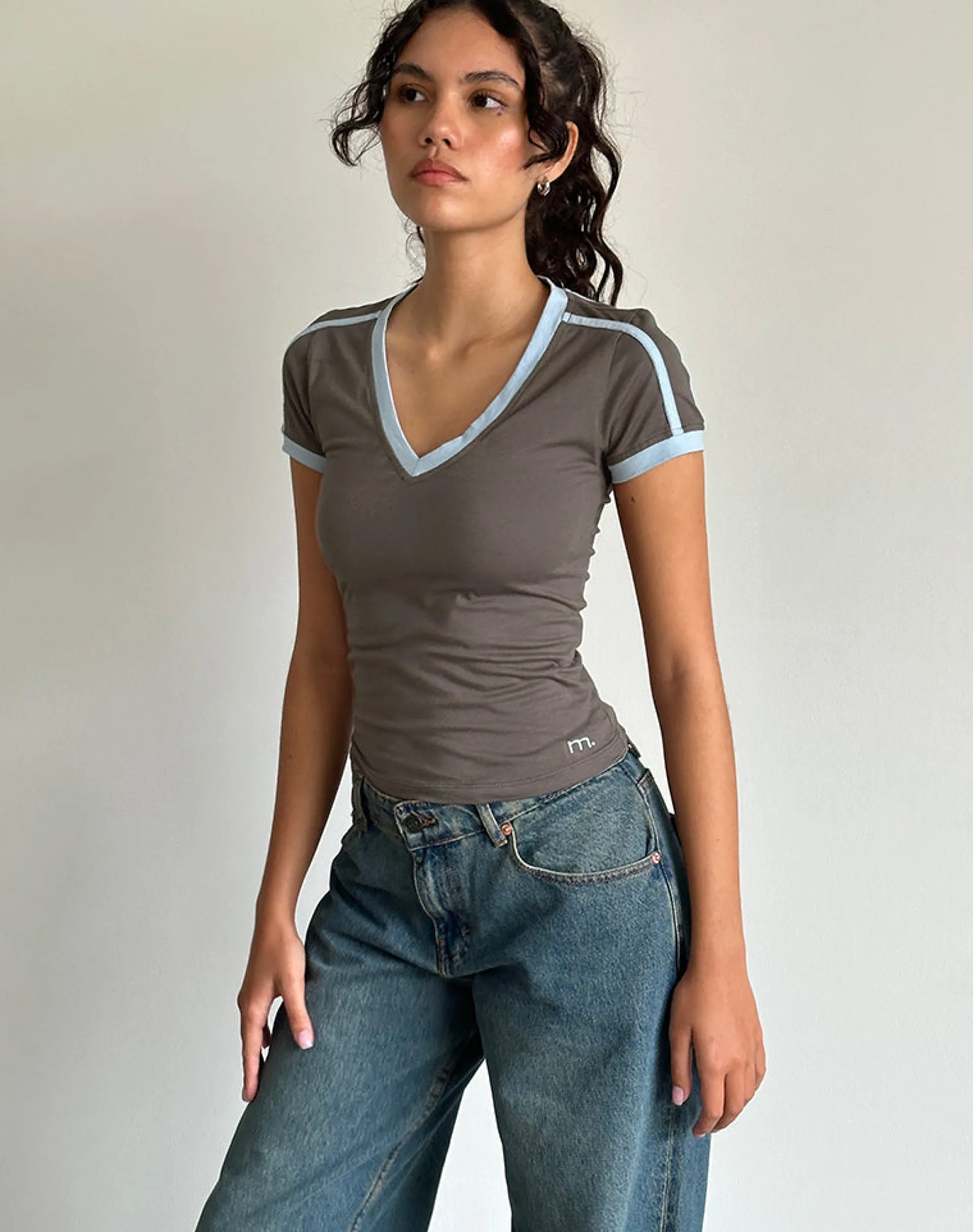 Motel Rocks Basics | Basic Tops-Izolde Baby Tee in Cloudburst with Nantucket Blue Binding and M Embroidery CloudburstwithNantucketBlueBindingandMEmbroidery
