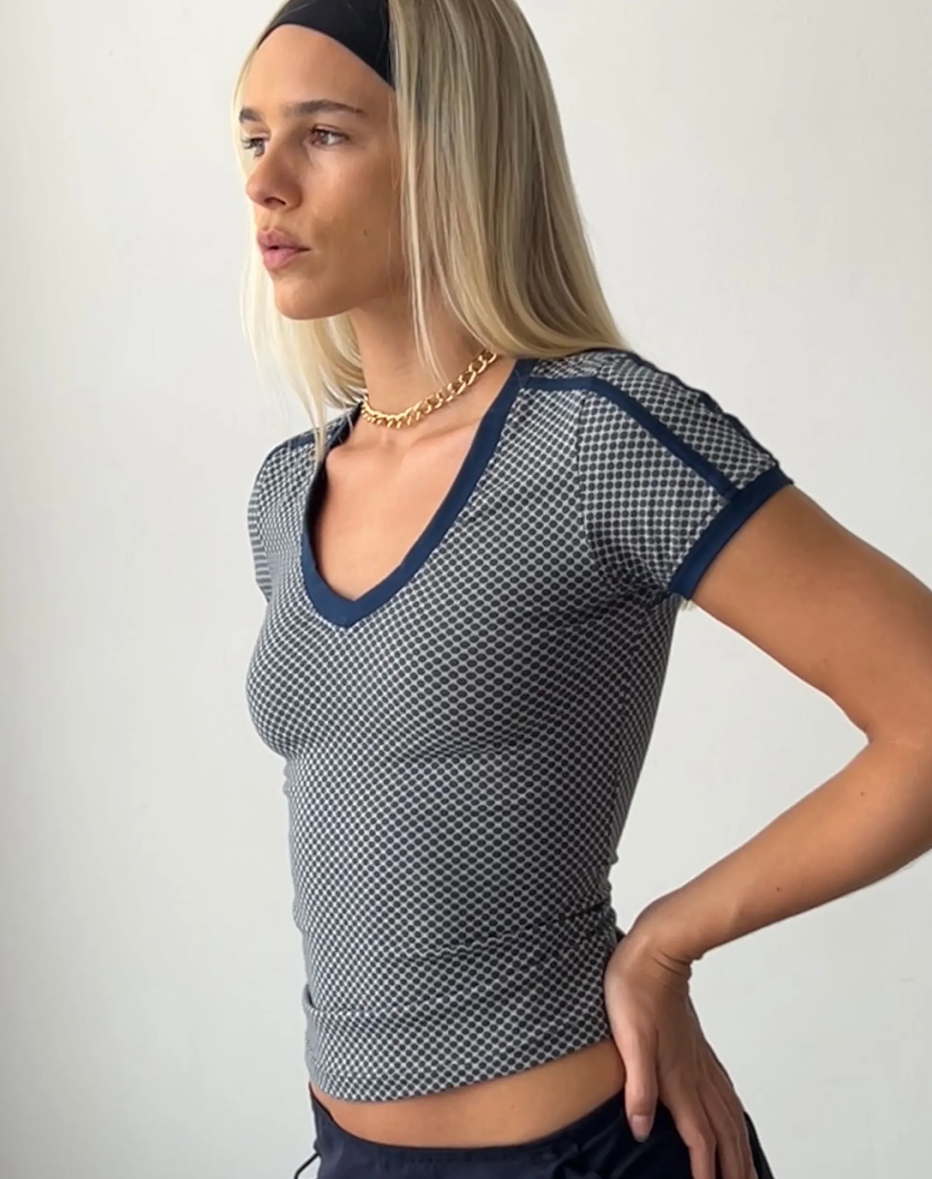 Motel Rocks Tees-Izolde Baby Tee in Grey Navy Sporty Micro Spot GreyNavySportyMicroSpot