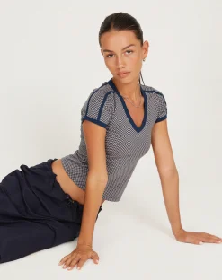 Motel Rocks Tees-Izolde Baby Tee in Grey Navy Sporty Micro Spot GreyNavySportyMicroSpot