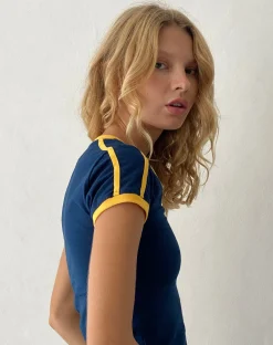 Motel Rocks Tees-Izolde Baby Tee in Navy with Mustard Binding and M Embroidery NavywithMustardBindingandMEmbroidery
