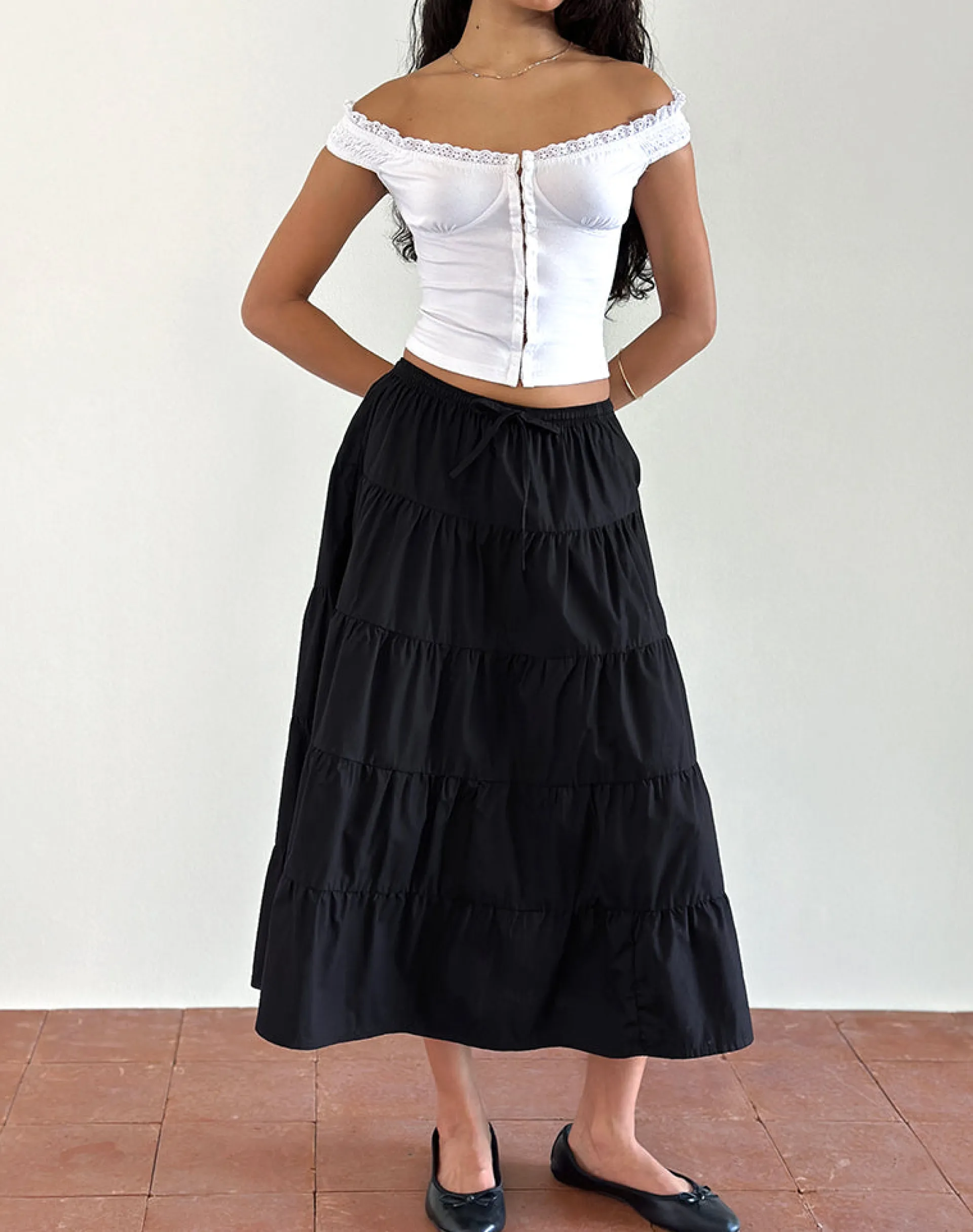 Motel Rocks Co-Ords | Midi Skirts-Izumi Tiered Midi Skirt in Poplin Black PoplinBlack