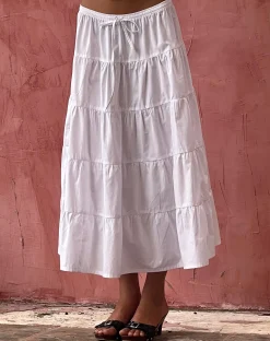 Motel Rocks Midi Skirts-Izumi Tiered Midi Skirt in Poplin White PoplinWhite