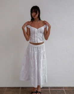 Motel Rocks Midi Skirts-Izumi Tiered Midi Skirt in Poplin White PoplinWhite