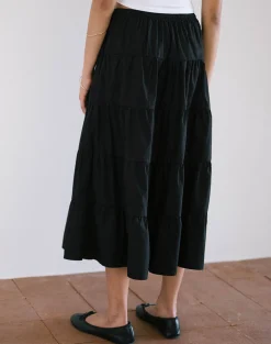 Motel Rocks Co-Ords | Midi Skirts-Izumi Tiered Midi Skirt in Poplin Black PoplinBlack