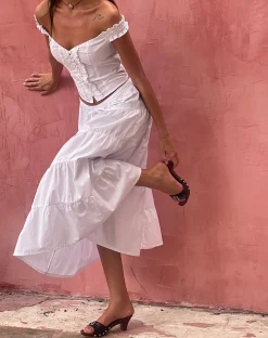 Motel Rocks Midi Skirts-Izumi Tiered Midi Skirt in Poplin White PoplinWhite