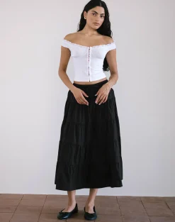 Motel Rocks Co-Ords | Midi Skirts-Izumi Tiered Midi Skirt in Poplin Black PoplinBlack