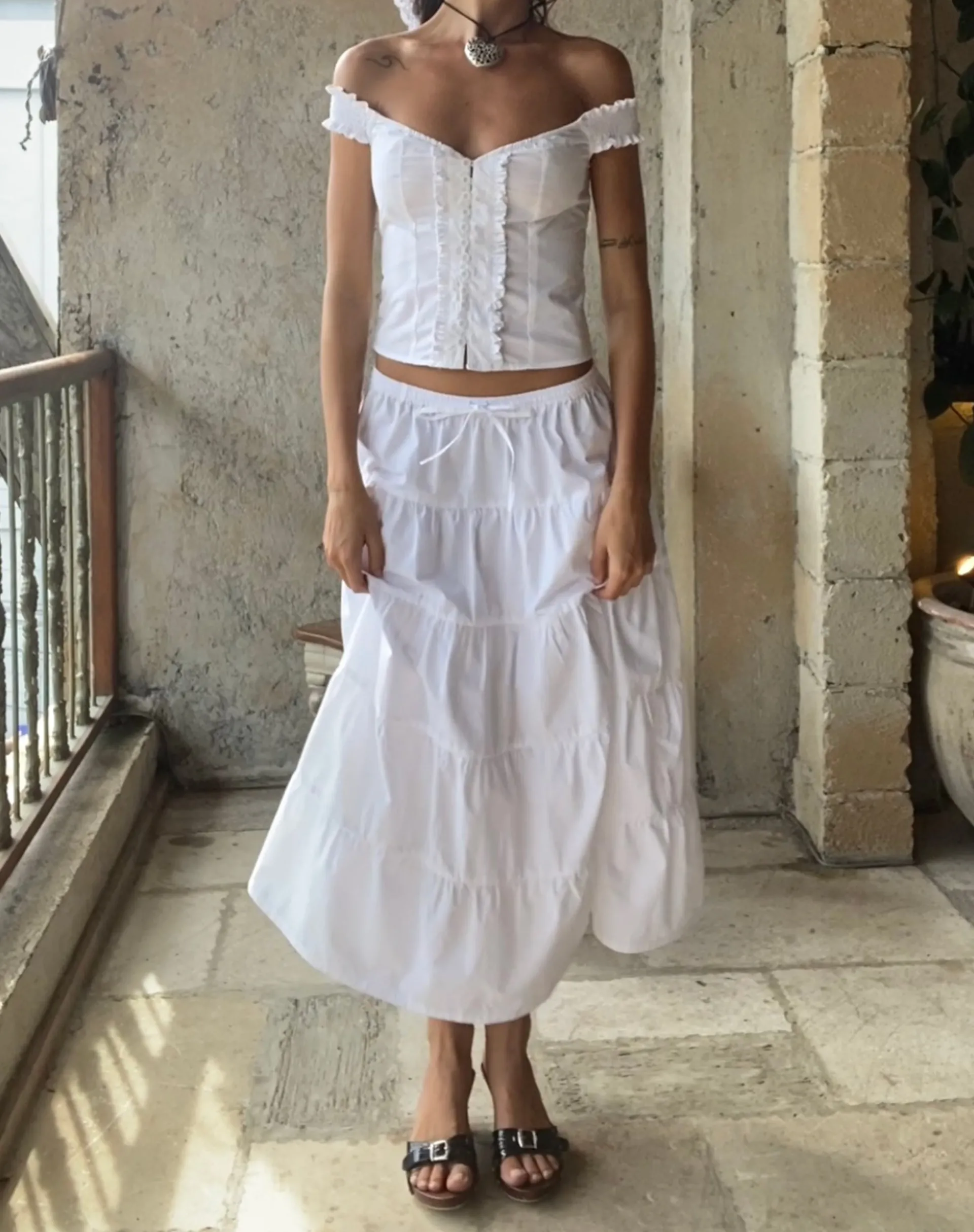 Motel Rocks Midi Skirts-Izumi Tiered Midi Skirt in Poplin White PoplinWhite