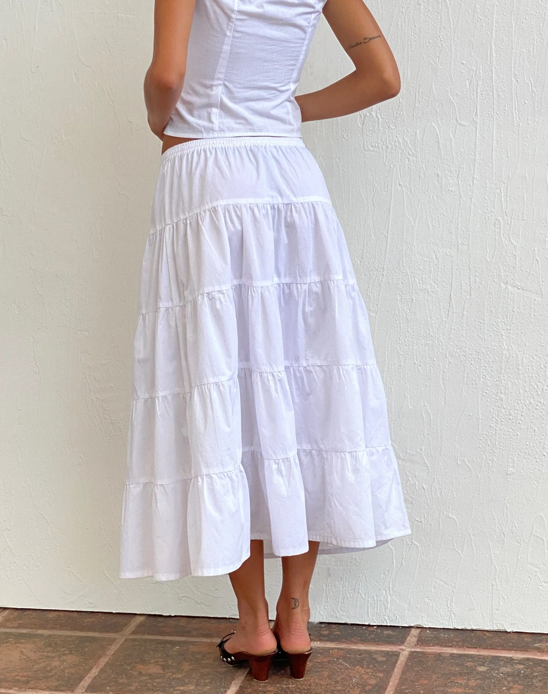 Motel Rocks Midi Skirts-Izumi Tiered Midi Skirt in Poplin White PoplinWhite
