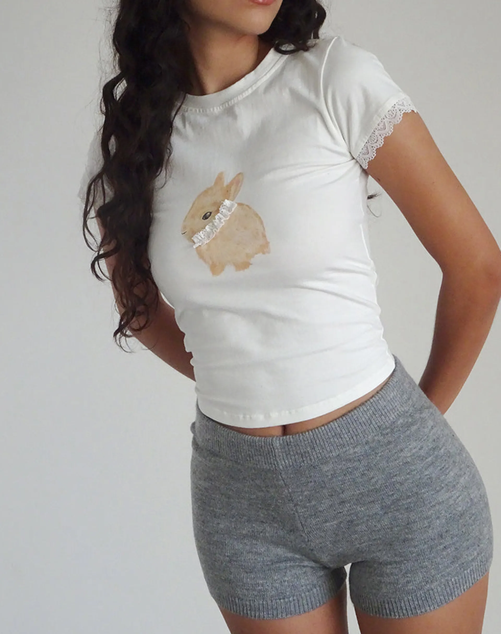 Motel Rocks Basics | Basic Tops-Izzy Baby Tee in Off White with Rabbit Print OffWhitewithRabbitPrint