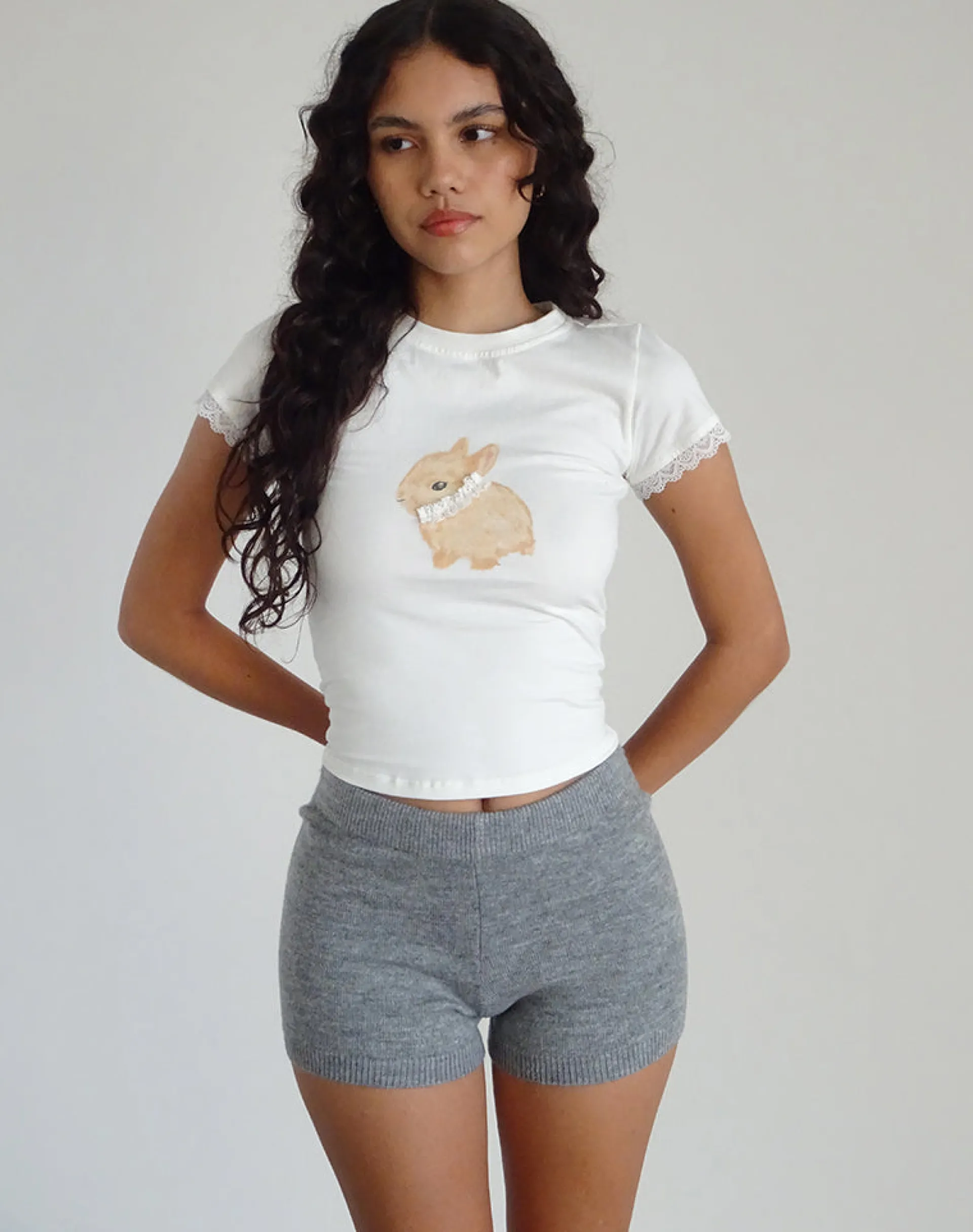 Motel Rocks Basics | Basic Tops-Izzy Baby Tee in Off White with Rabbit Print OffWhitewithRabbitPrint
