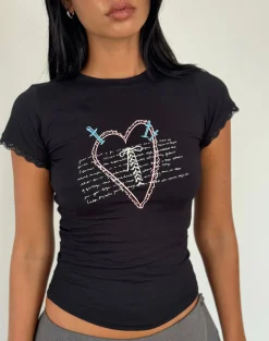 Motel Rocks Basic Tops | Printed Tops-Izzy Lace Trim Tee in Black Lace Up Heart Motif BlackLaceUpHeartMotif