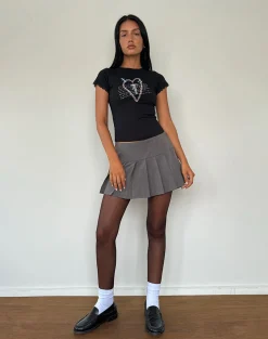 Motel Rocks Basic Tops | Printed Tops-Izzy Lace Trim Tee in Black Lace Up Heart Motif BlackLaceUpHeartMotif