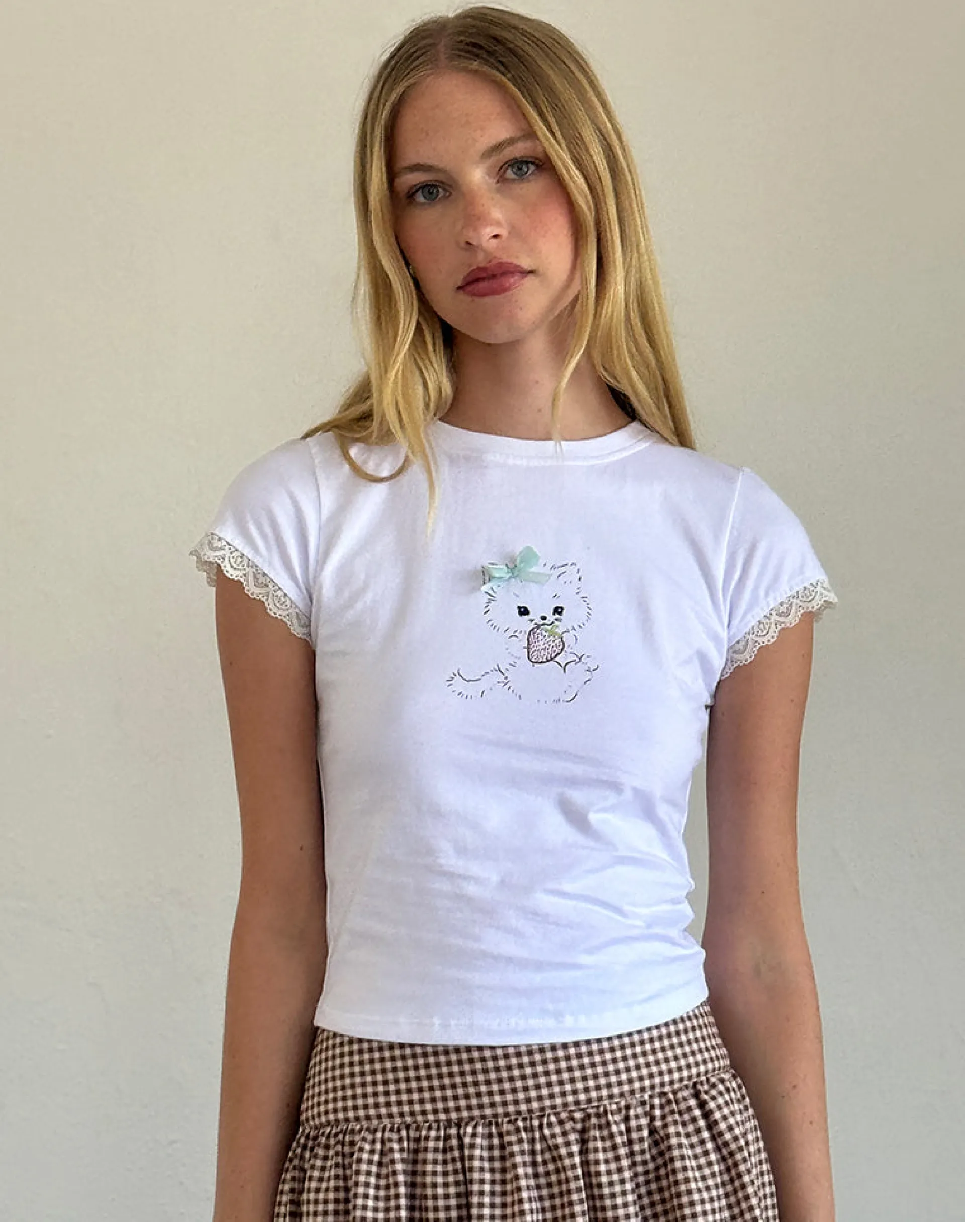 Motel Rocks Basic Tops | Printed Tops-Izzy Tee in White with Strawberry Cat Print WhitewithStrawberryCatPrint