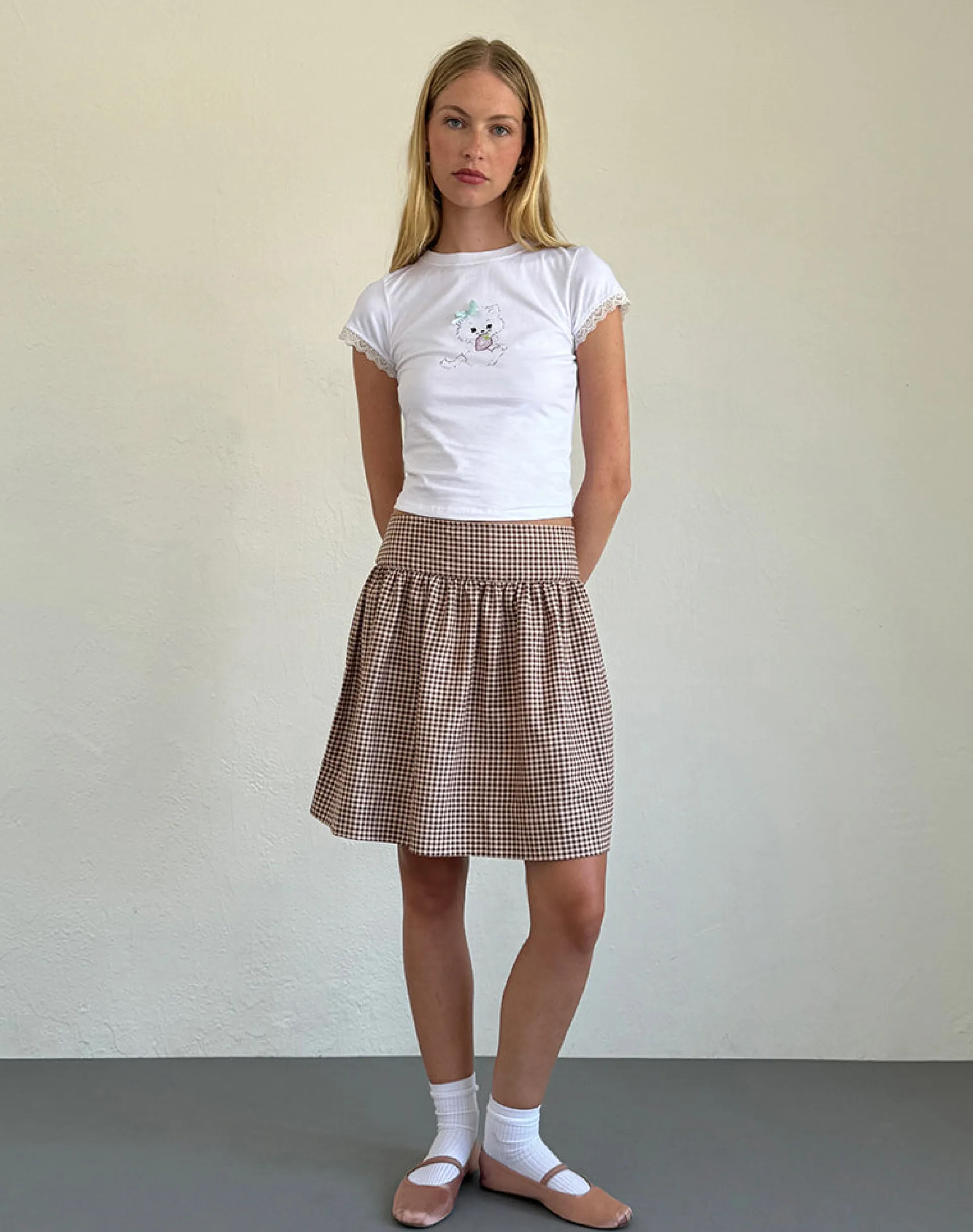 Motel Rocks Basic Tops | Printed Tops-Izzy Tee in White with Strawberry Cat Print WhitewithStrawberryCatPrint