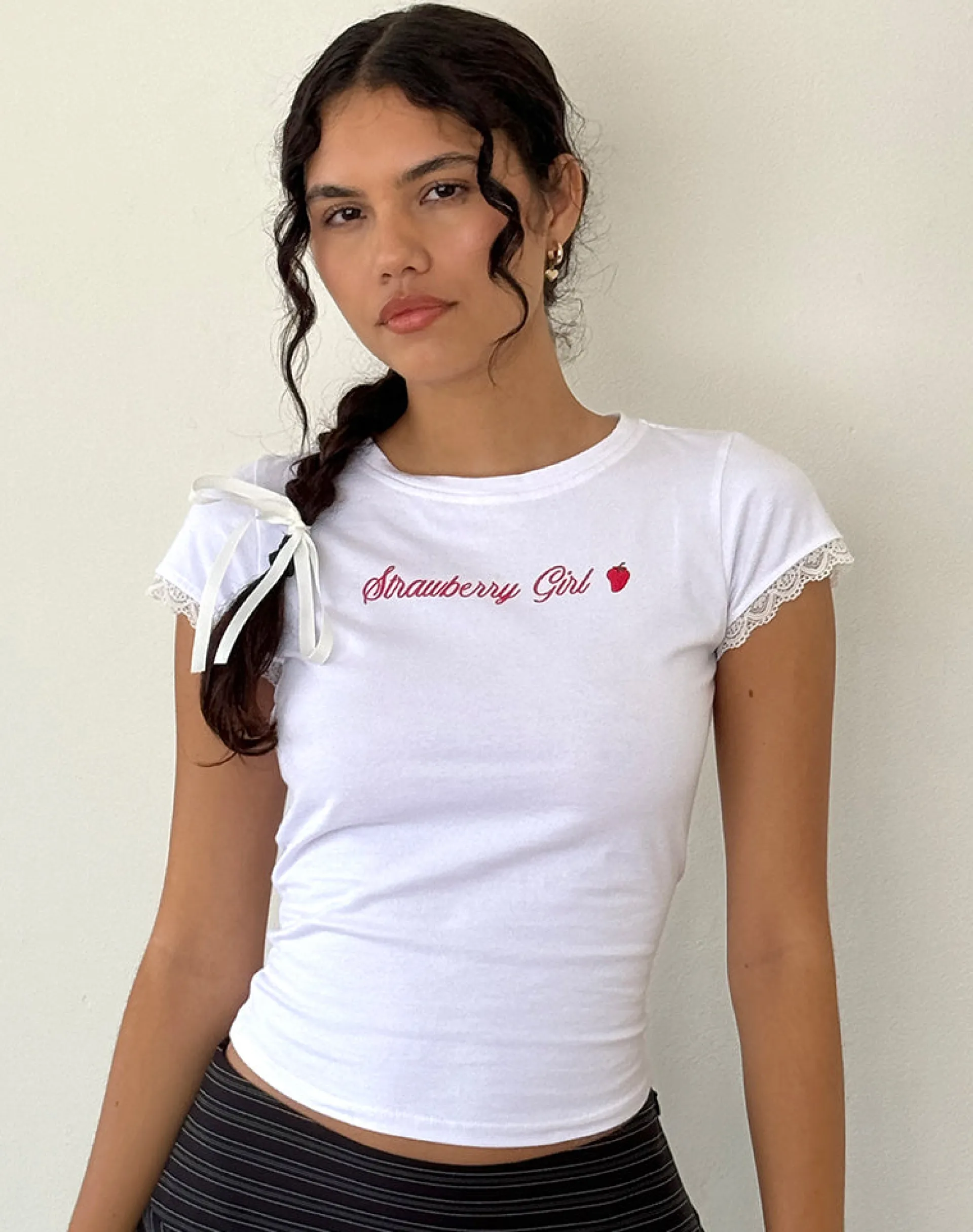 Motel Rocks Basic Tops | Printed Tops-Izzy Top in White Strawberry Girl Script WhiteStrawberryGirlScript