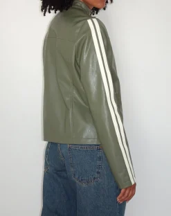 Motel Rocks Pu Jackets-Jacquie Zip Up Biker Jacket in PU Green with Ivory Stripe PUGreen