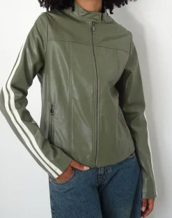 Motel Rocks Pu Jackets-Jacquie Zip Up Biker Jacket in PU Green with Ivory Stripe PUGreen