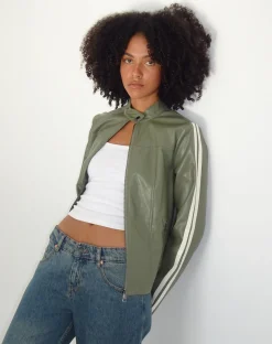 Motel Rocks Pu Jackets-Jacquie Zip Up Biker Jacket in PU Green with Ivory Stripe PUGreen