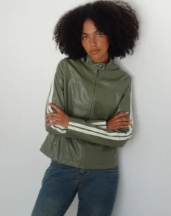 Motel Rocks Pu Jackets-Jacquie Zip Up Biker Jacket in PU Green with Ivory Stripe PUGreen