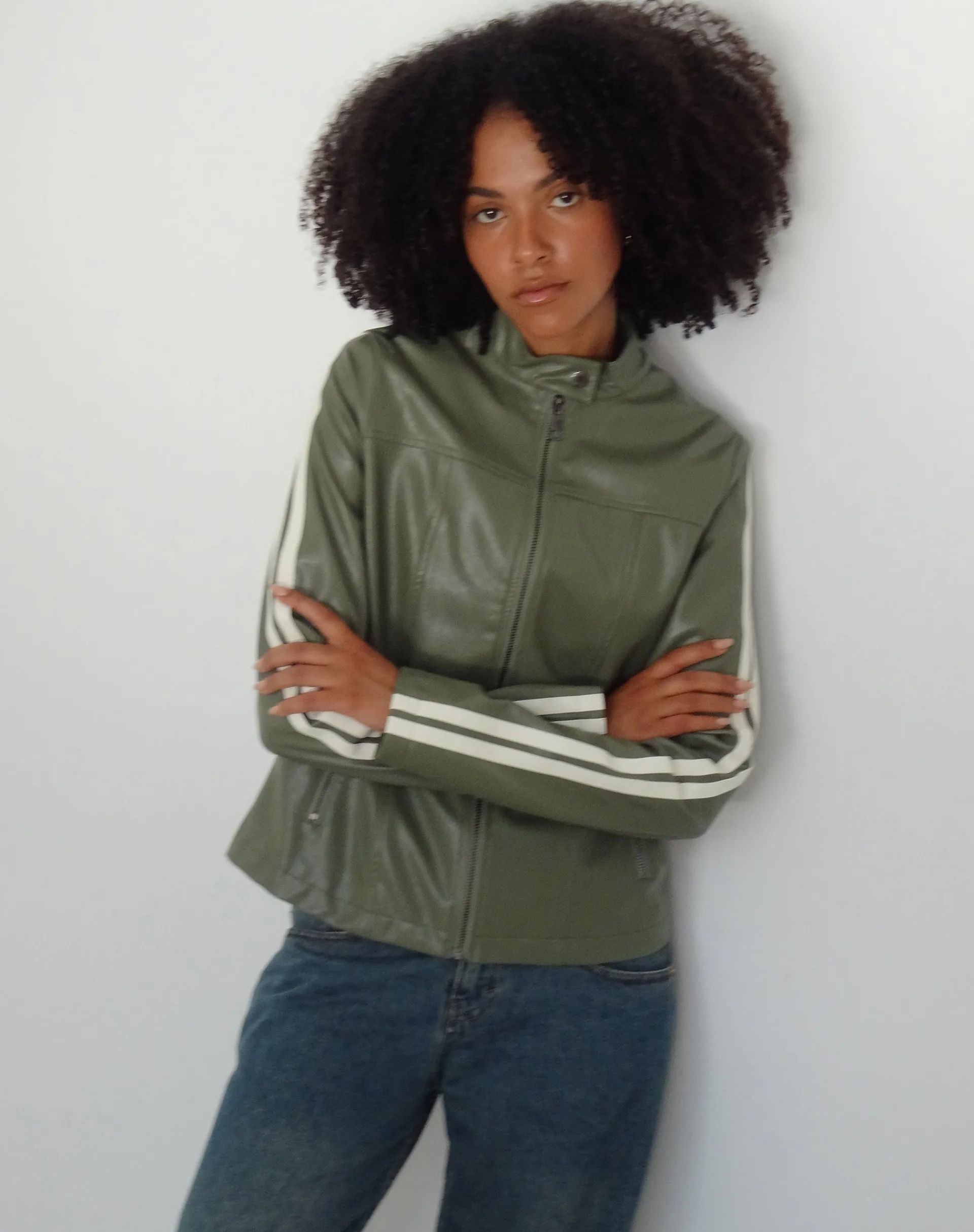 Motel Rocks Pu Jackets-Jacquie Zip Up Biker Jacket in PU Green with Ivory Stripe PUGreen