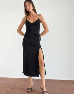Motel Rocks Midi Dresses-Jacy Ruffle Midi Dress in Mesh Black