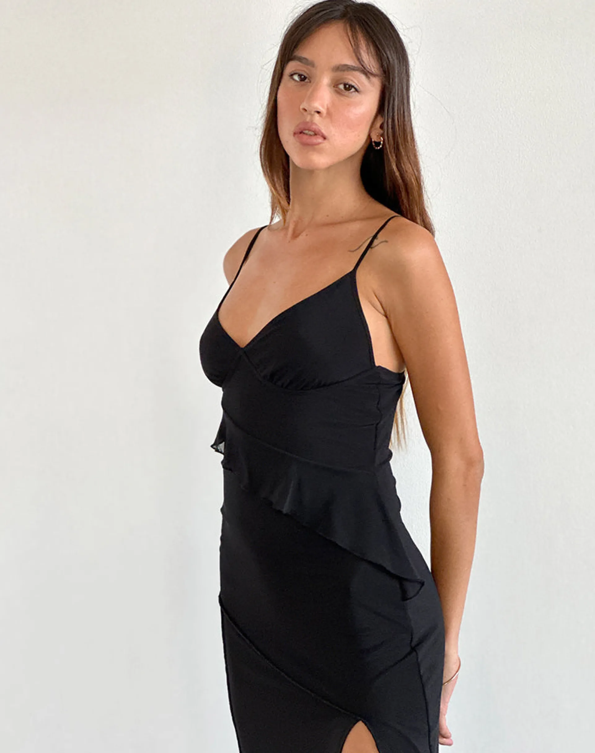 Motel Rocks Midi Dresses-Jacy Ruffle Midi Dress in Mesh Black