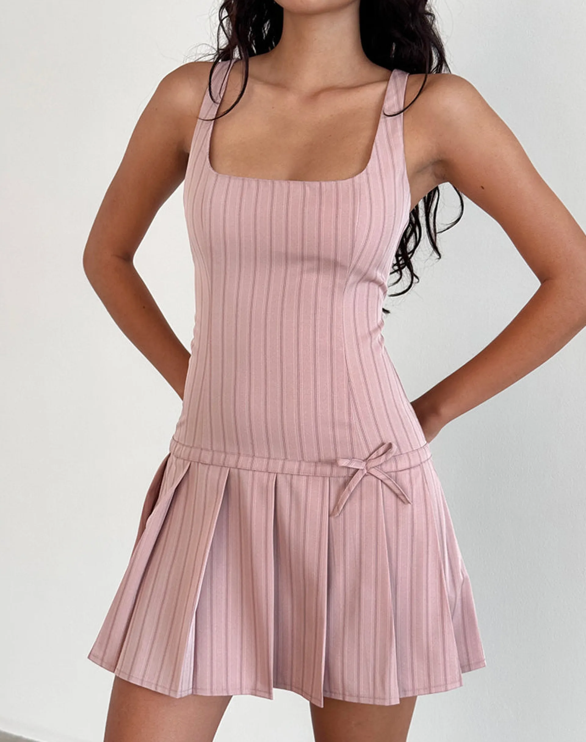 Motel Rocks Printed Dresses | Day Dresses-Jadzia Drop Waist Mini Dress in Blush Pinstripe BlushPinstripe