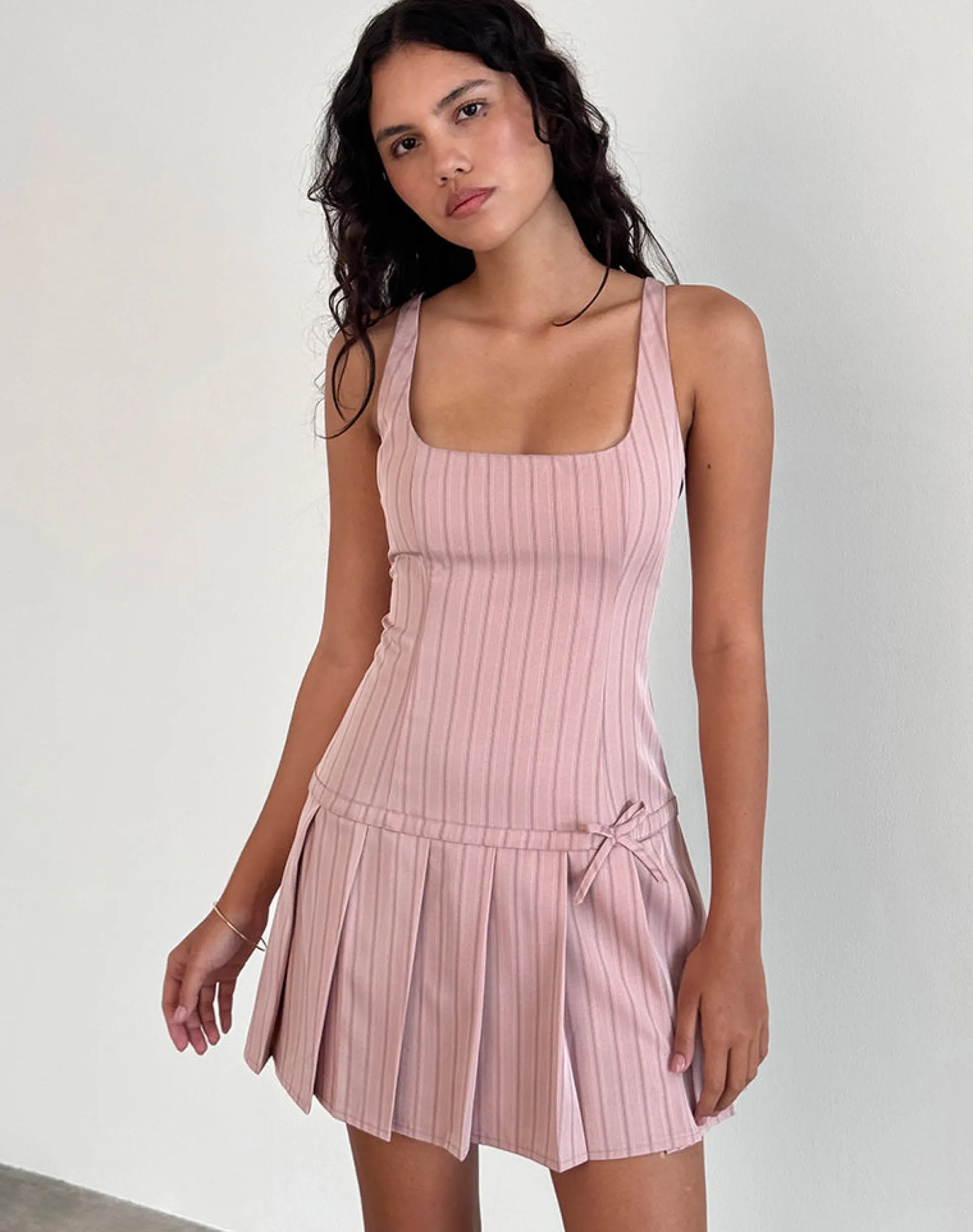 Motel Rocks Printed Dresses | Day Dresses-Jadzia Drop Waist Mini Dress in Blush Pinstripe BlushPinstripe