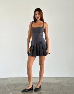 Motel Rocks Tailoring | Party Dresses-Jadzia Drop Waist Mini Dress in Charcoal Grey charcoalgrey