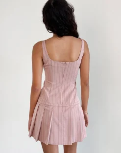 Motel Rocks Printed Dresses | Day Dresses-Jadzia Drop Waist Mini Dress in Blush Pinstripe BlushPinstripe
