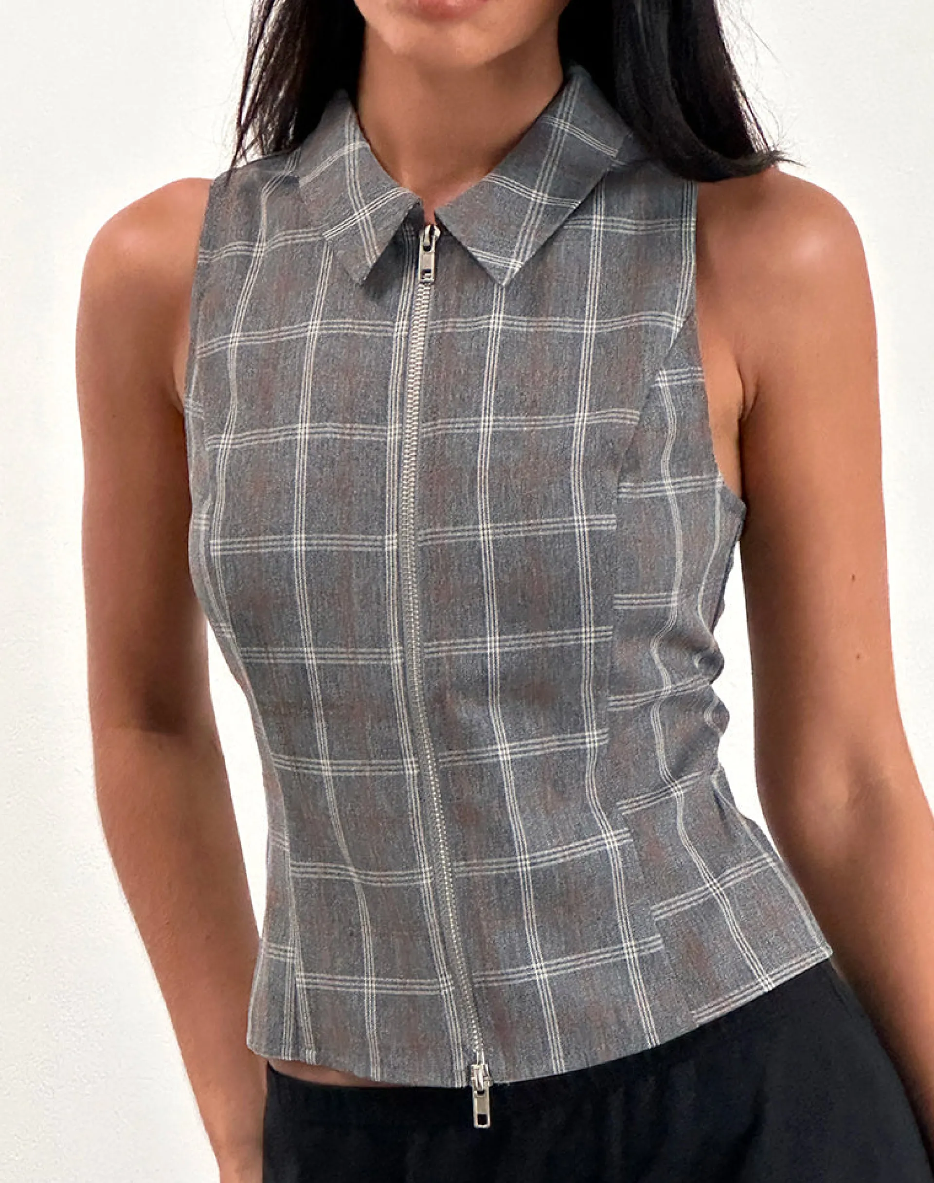 Motel Rocks Tailoring | Vest Tops-Janae Zip Vest Top in Grey Check GreyCheck