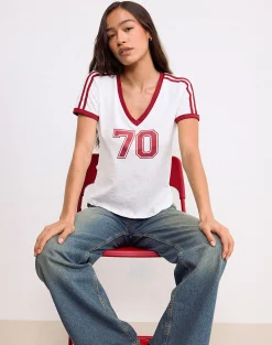 Motel Rocks Basic Tops | Printed Tops-Janan Top in Off White with Adrenaline Red Binding OffWhitewithAdrenalineRedBinding