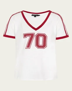Motel Rocks Basic Tops | Printed Tops-Janan Top in Off White with Adrenaline Red Binding OffWhitewithAdrenalineRedBinding
