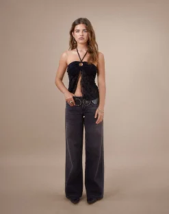 Motel Rocks Halterneck Tops | Crop Tops-Janar Halterneck Top in Black Dainty Floral Flock BlackDaintyFloralFLock