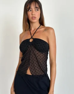 Motel Rocks Printed Tops | Going Out Tops-Janar Halterneck Top in Basic Polka Flock Black basicpolkaflockblack