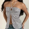 Motel Rocks Halterneck Tops | Sequin Tops-Janar Halterneck Top in Gauzy Sequin Silver GauzySequinSilver