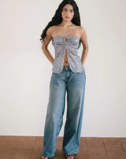 Motel Rocks Halterneck Tops | Sequin Tops-Janar Halterneck Top in Gauzy Sequin Silver GauzySequinSilver