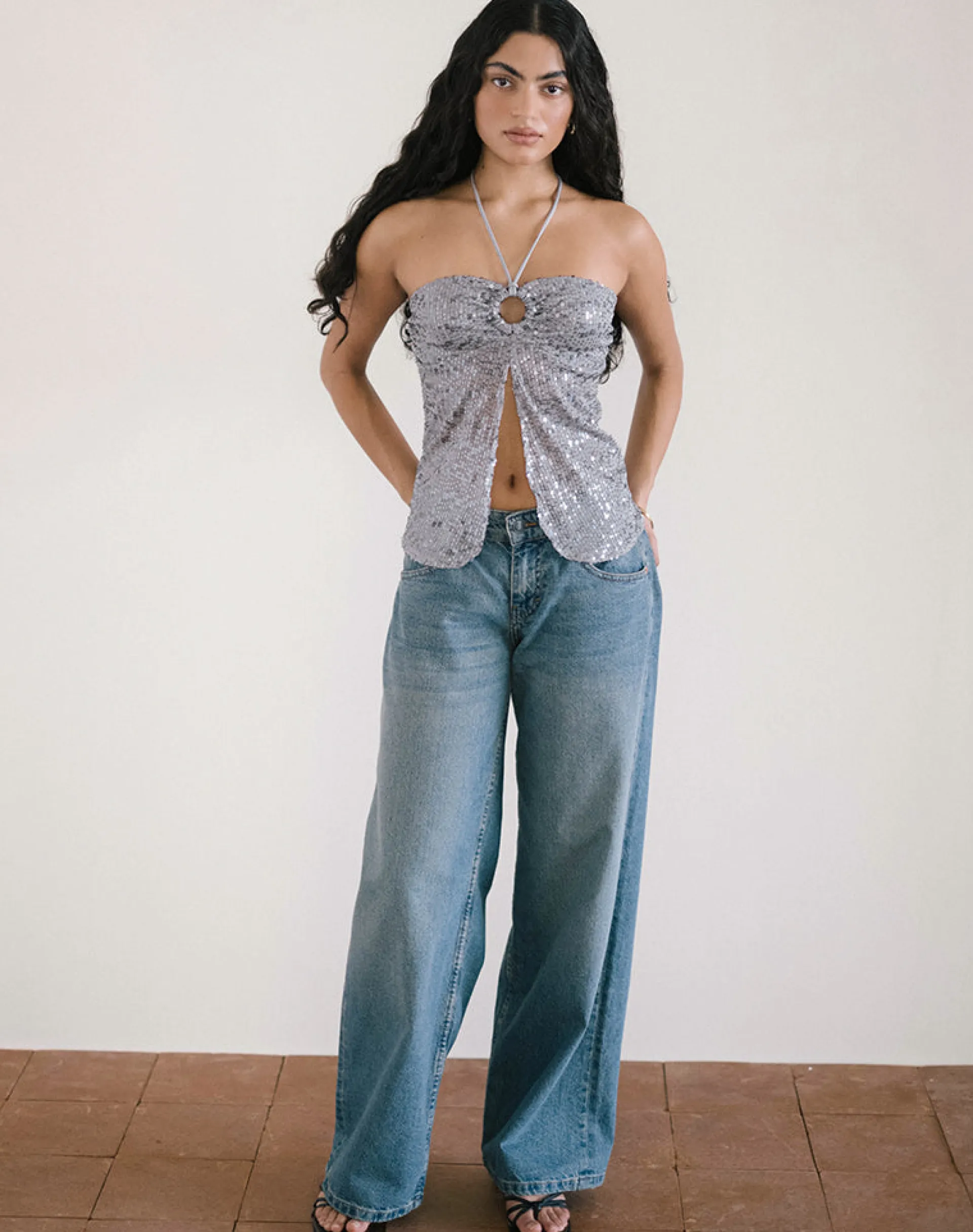 Motel Rocks Halterneck Tops | Sequin Tops-Janar Halterneck Top in Gauzy Sequin Silver GauzySequinSilver