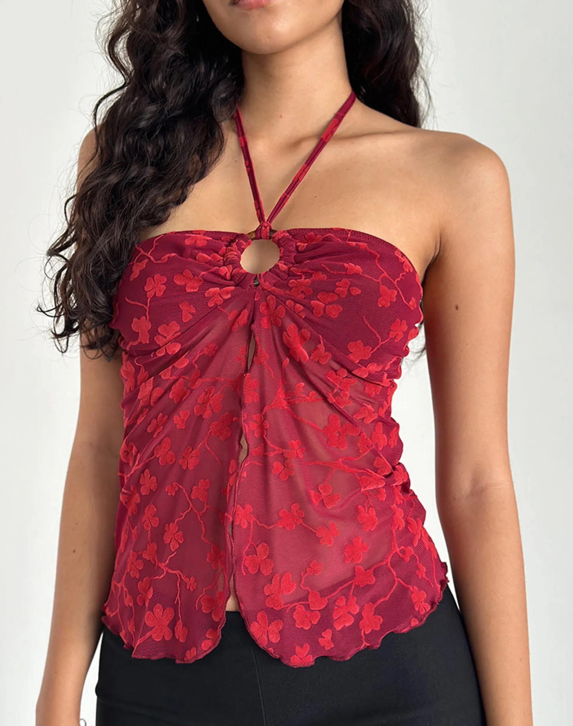 Motel Rocks Halterneck Tops | Printed Tops-Janar Halterneck Top in Grunge Flower Flock Red grungeflowerflockred