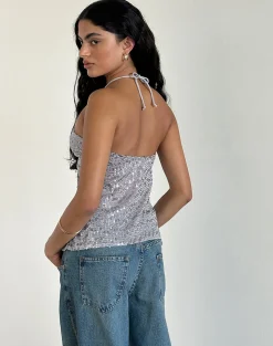 Motel Rocks Halterneck Tops | Sequin Tops-Janar Halterneck Top in Gauzy Sequin Silver GauzySequinSilver