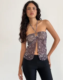Motel Rocks Halterneck Tops | Printed Tops-Janar Top in Batik Botanical Brown BatikBotanicalBrown